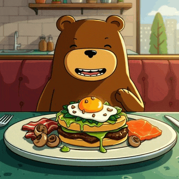 a cartoon bear is sitting at a table with a plate of food on it