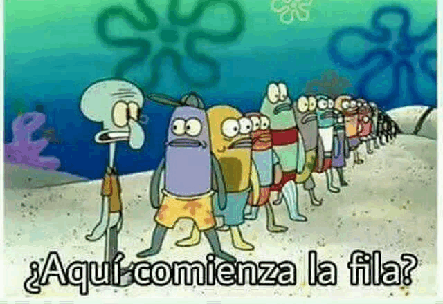 a group of cartoon characters are standing in a line on a beach and they are wearing swimsuits .