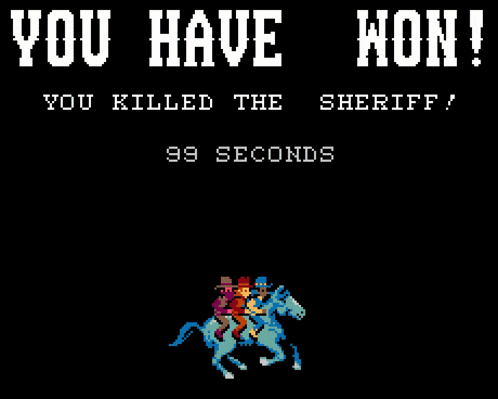 a video game screen that says you have won and shows a cowboy on a horse