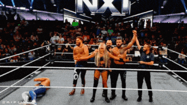a group of wrestlers are standing in a ring with the nxt logo behind them