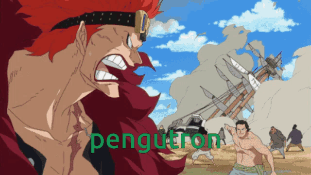 a cartoon of a man with red hair and the word pengutron in green letters