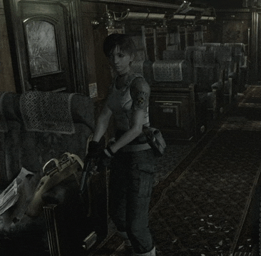 a woman in a video game is holding a gun in a room