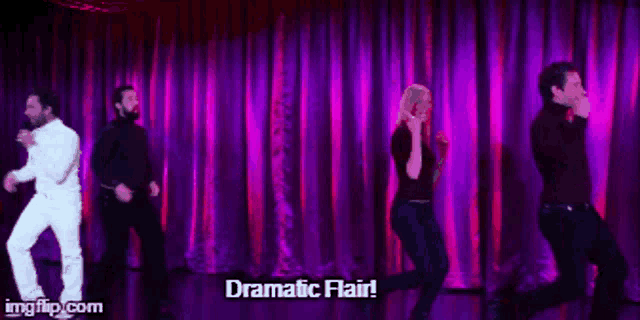 a group of people are dancing on a stage and the words dramatic flair are visible