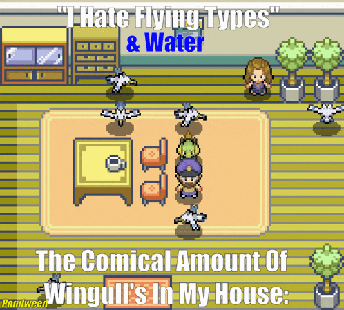a screenshot of a video game with the words " i hate flying types & water "