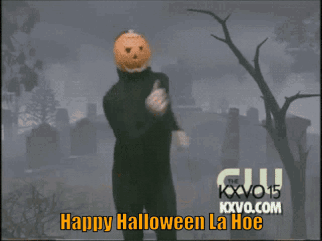 a man in a pumpkin costume says happy halloween
