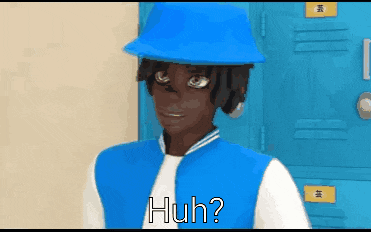 a man wearing a blue hat and a blue jacket is asking the question huh