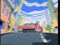 a pink car is driving down a street in a cartoon