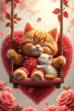 a cat and a kitten are sitting on a swing in a heart surrounded by roses .