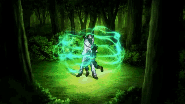 a person is standing in the middle of a forest with a green glow around them