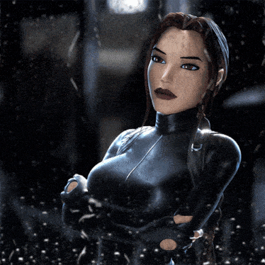 a woman in a black suit stands in the snow with her arms crossed