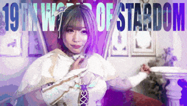 a woman in a white cape is standing in front of a sign that says " 19th world of stardom "