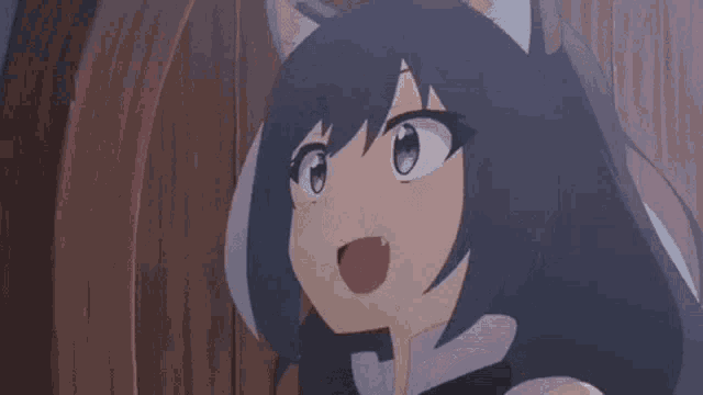 a close up of a anime girl with black hair and cat ears