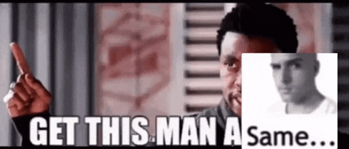 a man is pointing at a picture of a man and says get this man a same
