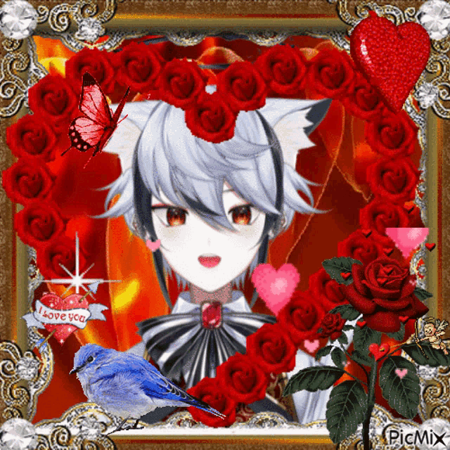 a picture of a girl in a frame with red roses and a butterfly and a heart that says i love you
