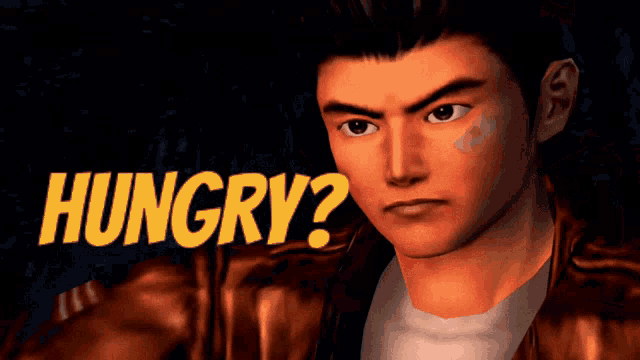 a man in a leather jacket is looking at the camera with the words hungry behind him