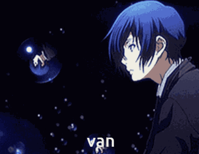 a blue haired anime character with the word van written on the bottom