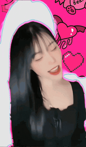 a girl with black hair is smiling in front of a pink background with a heart that says beauty