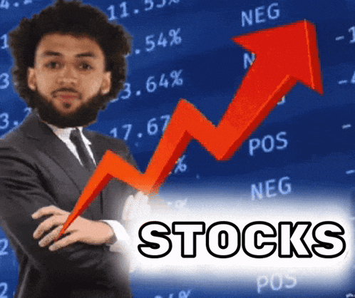 a man in a suit and tie is standing in front of a stocks graph