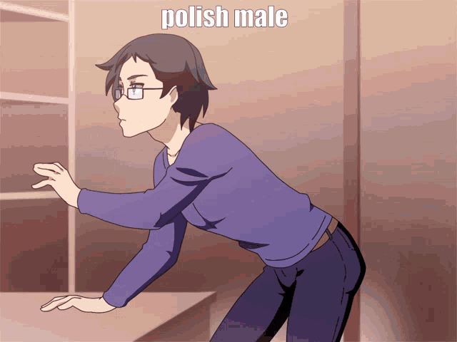 a cartoon of a man with glasses and the words polish male on the top