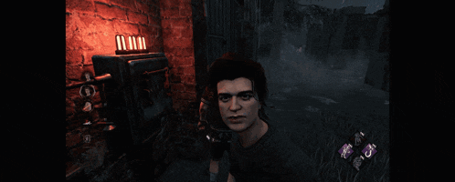 a man in a red shirt stands in front of a brick wall in a video game