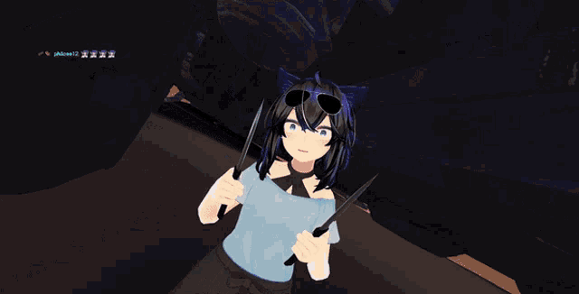 a girl with a cat ear and sunglasses is holding a sword