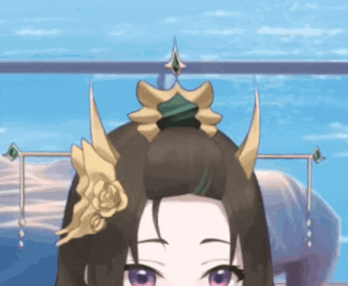 a close up of a girl 's head with purple eyes and a flower in her hair