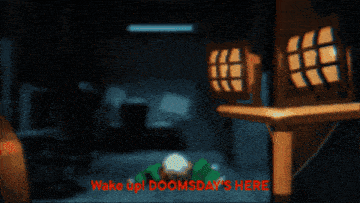 a cartoon character with the words wake up doomsday 's here below it
