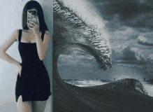 a woman in a black dress is taking a picture of herself with her phone
