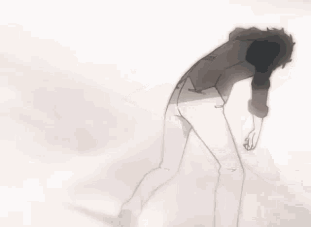 a black and white drawing of a man kneeling down with his head down .