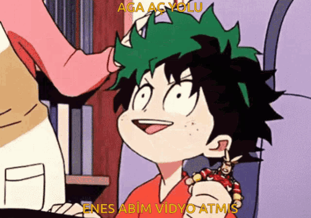 a cartoon of a boy with green hair and the words aga ag yolu on the bottom