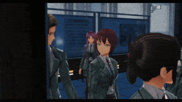 a group of anime characters are standing in front of a sign that says ' a ' on it