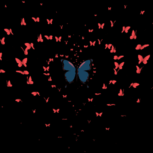 a blue butterfly is surrounded by red butterflies with the letter h on the bottom