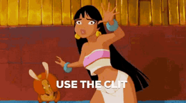 a cartoon of a woman standing next to a rabbit with the words use the clit below her