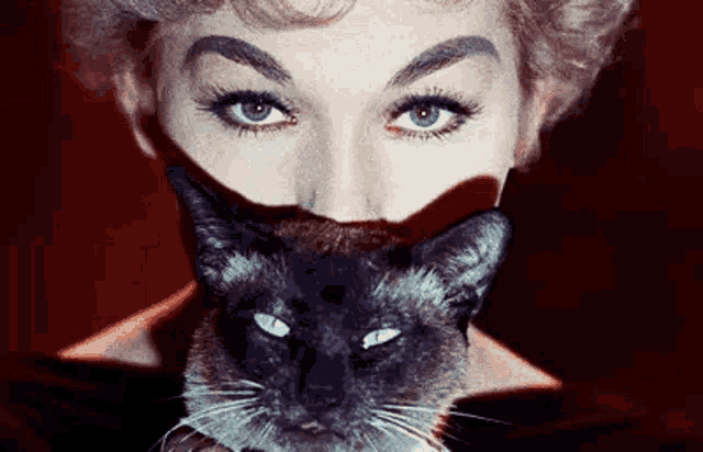 a woman with a black cat covering her face .