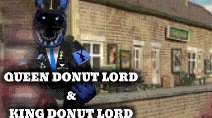 queen donut lord and king donut lord standing in front of a brick building