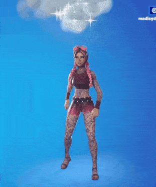 a video game character is standing in front of a blue background with a cloud above her head