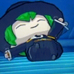a cartoon character with green hair is laying on a bed