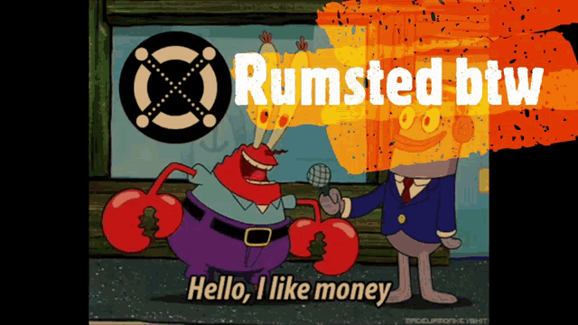 a cartoon of rumsted btw with a crab and spongebob