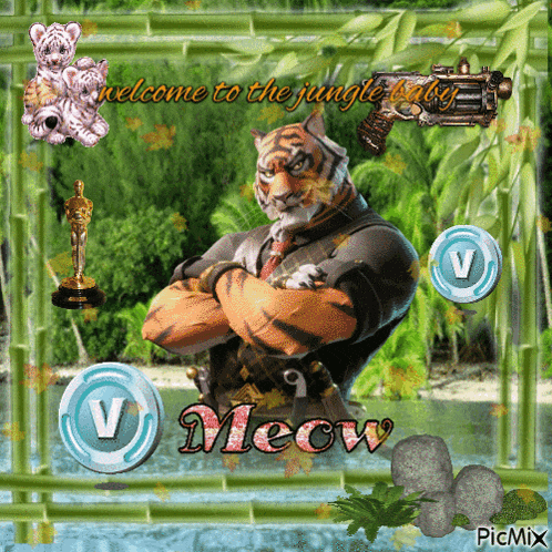 a picture of a tiger with the word meow on it