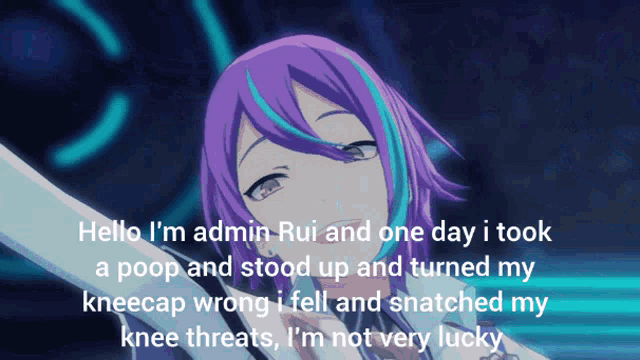 a picture of a girl with purple hair and blue streaks is surrounded by text