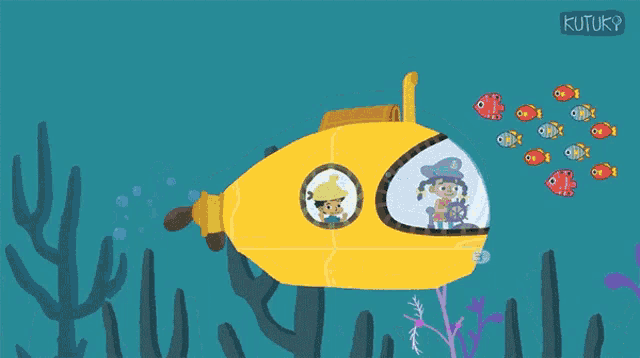 a yellow submarine is surrounded by fish and a shark and the word kutuky is on the bottom