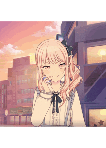 a girl with a bow in her hair is standing in front of a building that says ' lucky ' on it