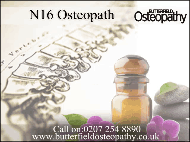 an advertisement for butterfield osteopath shows a drawing of a spine and a bottle of essential oil
