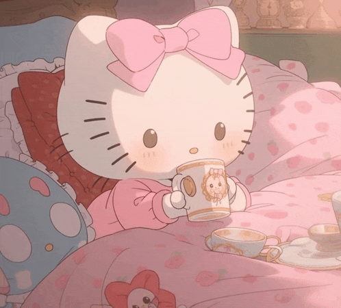 a cartoon drawing of hello kitty holding a cup