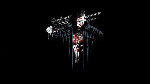 a man with a skull on his chest is holding two guns on a black background