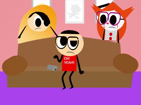 a cartoon character is wearing a red shirt that says " oh yeah "