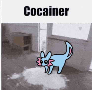 a cartoon cat is standing on a pile of flour in a room with the words cocainer above it .