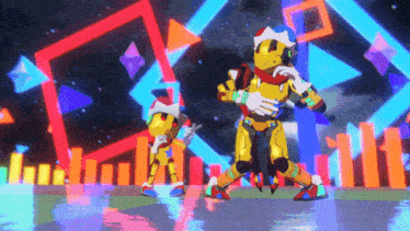 a couple of robots are dancing in front of a brightly colored background