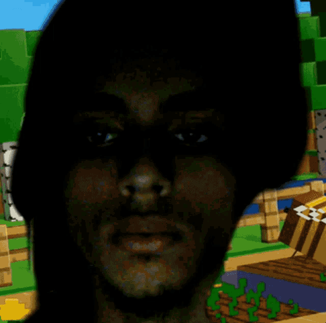 a man 's face is visible in the dark in front of a minecraft scene