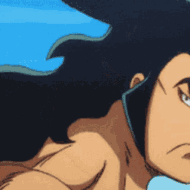 a close up of a cartoon character 's face with a blue background